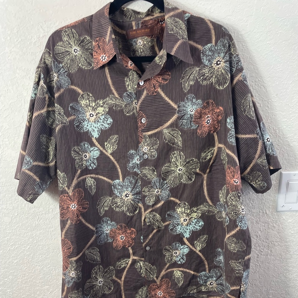 Tori Richard Asian Floral Geometric Brown Cotton Lawn Aloha Shirt Sz L